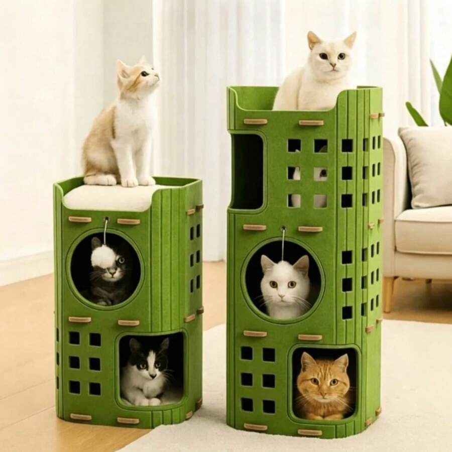 3-Layer Felt Hollow Cat House, Multi-Layer Ventilated Cat Apartment Tree, All-Season Indoor/Outdoor Cat Bed, Integrated Scratching, Resting And Hiding Cave, Enclosed Cat Tower Villa, Durable And Non-Shedding Cat Furniture, Suitable For Kittens And Adult Cats - Multicolor - View 1