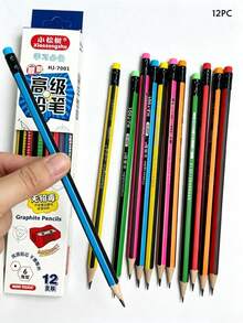 4/12pcs Multi-Color Striped HB Pencils With Eraser + 1 Random Color Pencil Sharpener, Hexagonal Pencils, Break-Resistant, Student Learning And Exam Pencils, Student Stationery Pencil Set, Back To School Supplies - Default - View 9