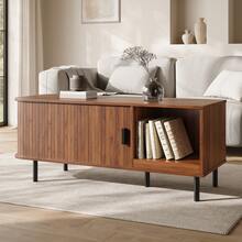 Coffee Table With Sliding Door, Modern Living Room Table With Storage Space, Rectangular Sofa Table With Slatted Look, Side Table With Open Storage Compartment For Living Room, 110 X 40 X 55 Cm - Brown - View 2