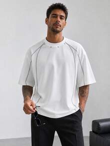 1pc Men's T-Shirt, White Waffle Texture With Rivet Decor, Waffle Knit Fabric, Loose Fit Stylish Design, American Casual Street Style, Suitable For Daily And Summer Wear - White - View 11