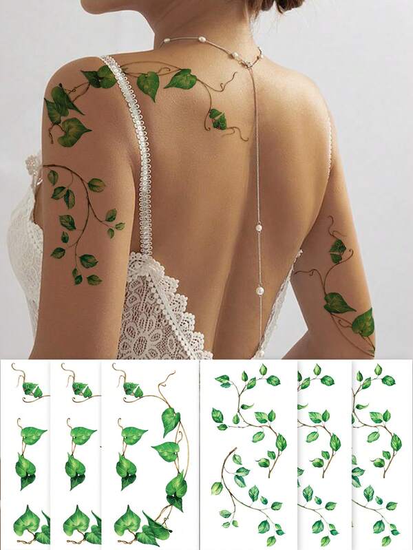 6PCS Halloween Fresh Green Leaf Vine Pattern Halloween Cosplay Makeup Party Gift DIY Music Festival Arm Chest Leg Body Temporary Waterproof Tattoo Stickers