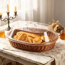 1pc Woven Rattan-Style Basket With Transparent Dust Cover, Multi-Functional Food Display Tray For Bread, Fruit, Pastries, Suitable For Kitchen, Restaurant, Bakery, Summer Picnic, Home Kitchen Decor - Multicolor - View 11