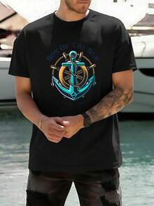 Men's Anchor Graphic T-Shirt, Premium Cotton, Loose Fit, Street Hip Hop Style, Comfortable, Graphic Design - Black - View 1