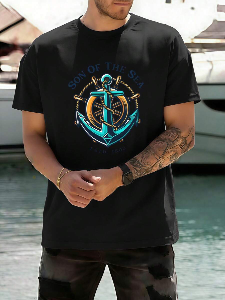 Men's Anchor Graphic T-Shirt, Premium Cotton, Loose Fit, Street Hip Hop Style, Comfortable, Graphic Design - Black - View 1