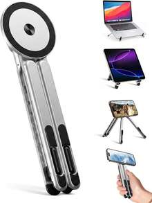 4-In-1 Foldable Laptop Stand & Magnetic Phone Holder, Silver Aviation Aluminum Portable Desktop Stand With N52 MagSafe For Tripod Handle, Compatible With MacBook Pro, Travel & Video Bloggers - Multifunctional Stand - View 3