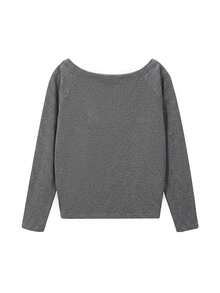 Women's Spring/Autumn Solid Color Off-Shoulder Square Neck Top T-Shirt, Minimalist Versatile Romantic Beach Street Y2K Hot Girl Lady Style - Dark Grey - View 4