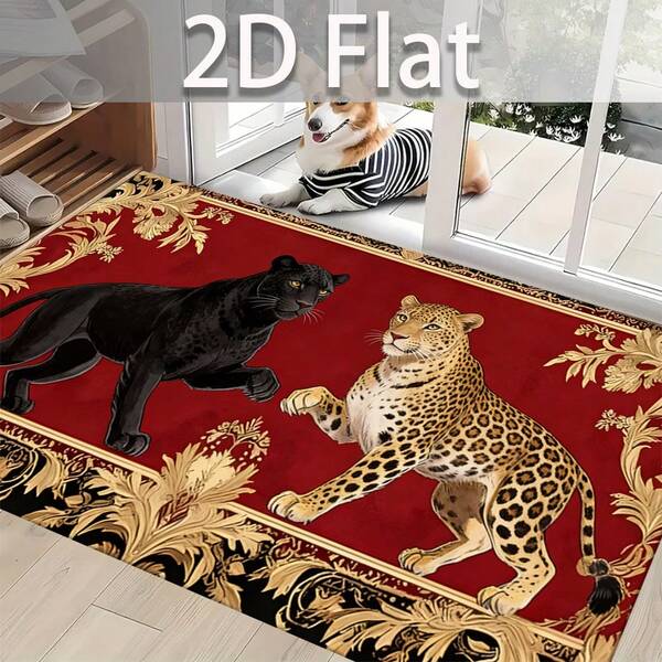 1pc Vintage Red & Black Double Leopard Square Decorative Floor Mat, European Style Gold Edge Floral Design, Suitable For Autumn, Halloween, Christmas, Thanksgiving Atmosphere Decoration, Bathroom Mat, Door Mat, Home Decor, Area Rug, Welcome Mat, Carpet, Floor Mat, Washable Rug