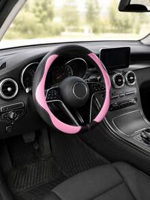 1PC Black Pink PU Leather Steering Wheel Cover, Cute Feminine Car Interior Accessories, Stylish Color Block Round Auto Decor With Soft Textured Grip, Premium Stitched Universal Fit Steering Wheel Protector For Women Daily Commute Road Trip - A - View 3