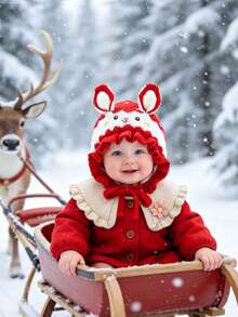 0-2 Years Old Baby Girl Knitted Hat, Cute Bow Rabbit Ears Ruffle Edge, Soft Warm Tie Knitted Hat, Autumn/Winter Cute Infant Toddler Headwear - Multicolor - View 7