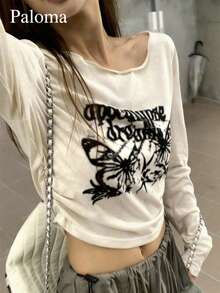 2025 New Arrival Butterfly Print Long Sleeve T-Shirt, Korean Style Retro Short Women Top Casual Spring - Apricot - View 2