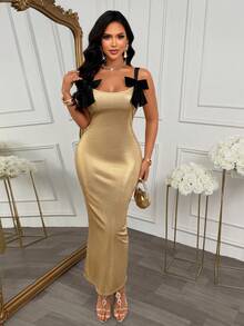 AIJ Women's Luxury Gold Strap Long Dress, Black Bow Sleeveless Backless Slit Bodycon Dress, Elegant Sexy Autumn Wedding Guest Party Banquet Outfit Summer - Gold - View 3