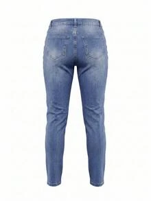 Plus Size Women High Waist Elastic Skinny Jeans, Casual Slim Fit Waist Cinching Spring Fall - Medium Wash - View 7