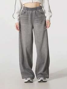 Adidas Three-Leaf Clover Women's Wide-Leg Jeans Curved Hem Pants - Medium Heather Gray - View 3