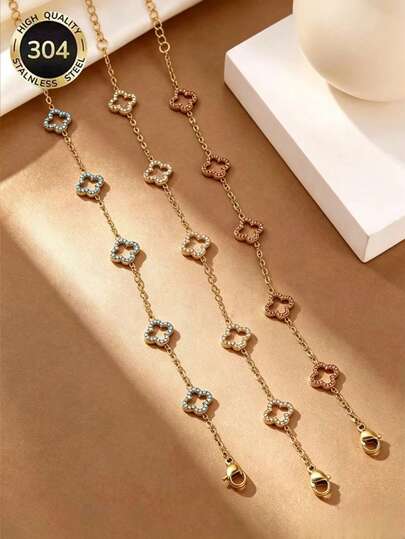 1 peça Pulseira de aço inoxidável com trevo de quatro folhas vazado e strass coloridos, joia floral banhada a ouro 18K, adequada para uso diário feminino e opção de presente para festas