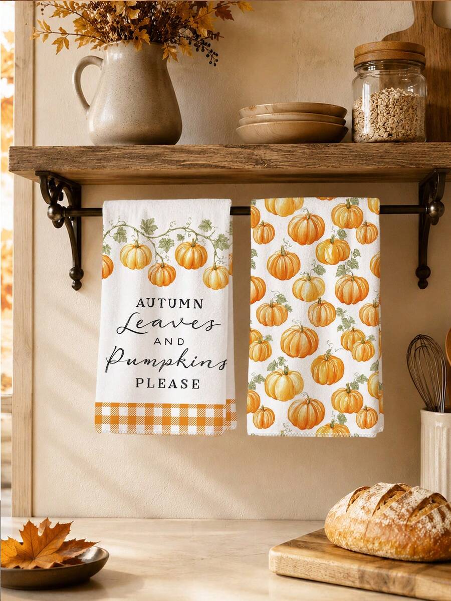 2pcs Minimalist Autumn Pumpkin Pattern Kitchen Towels, Soft Polyester Dish Cloths, Suitable For Kitchen Decor, Kitchen Cleaning, Holiday Party Decoration, Kitchen & Bathroom Supplies, Home Essentials, Home Decor, Housewarming Gift - Multicolor - View 1