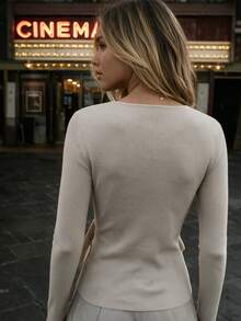 SEREN Women's Ribbed Knit Wrap Sweater With Long Sleeves And Asymmetrical Hem, Elegant Regular Fit Top For Fall - Apricot - View 9