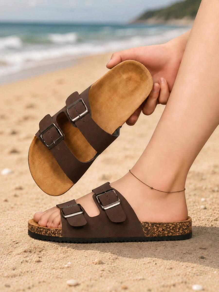 Women's Wide Toe Box Double Strap Flat Slip-On Sandals, Summer Casual Beach Slides - Rust Brown - View 1