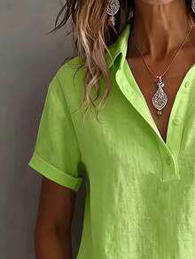 Plus Size Women Casual Basic Button-Down Short Sleeve Shirt Blouse Summer - Lime Green - View 6