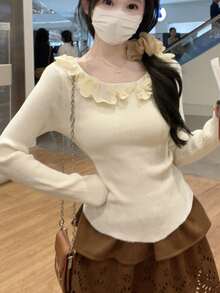 Autumn/Winter Korean Style Soft Sweet Ruffle Trim Knitted Long Sleeve Inner Layer Sweater For Women Fall - Apricot - View 3