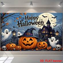 2D Halloween Theme Party Banner Background, Featuring Pumpkin Lantern, Ghost, Haunted House, Bat, Full Moon Elements, Suitable For Home Gathering, Outdoor Party, Studio Decoration, Holiday Gift, Fits Holiday Style - 1 - View 3