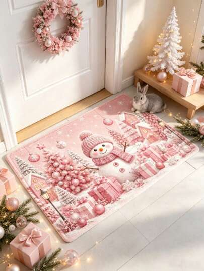 1pc Pink Snowman Doormat, Doormat, Small Rug, Welcome Mat, Carpet, Floor Mat, Outdoor Doormat, Kitchen Rug, Home Decor, Front Door Mat, Area Rug, Outdoor Mat, Home Decor, Area Carpet, Garden Rug, Washable Carpet