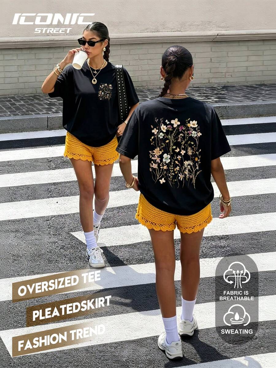 女士休闲短袖圆领加大码T恤 度假黑色夏季 - 黑色 - 查看 1