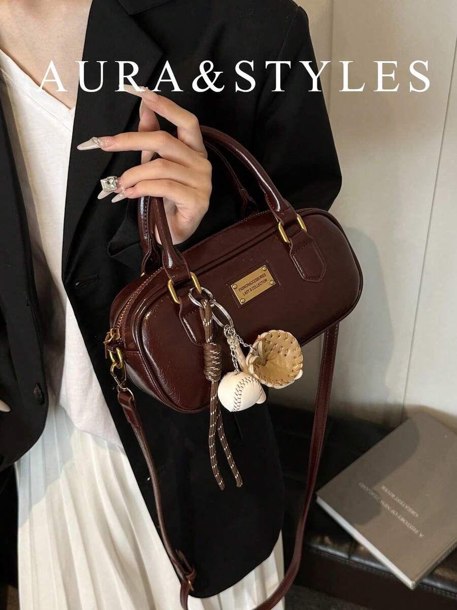 附娃娃吊飾紋理斜跨女包,秋冬新款大容量波士頓媽媽包,四季通勤手提包 - 紅色 - 查看 1