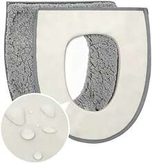 1 Piece Plush Thick Warm Washable Toilet Seat Cover With Handle And Zipper, Grey, Bathroom - Grey - View 4