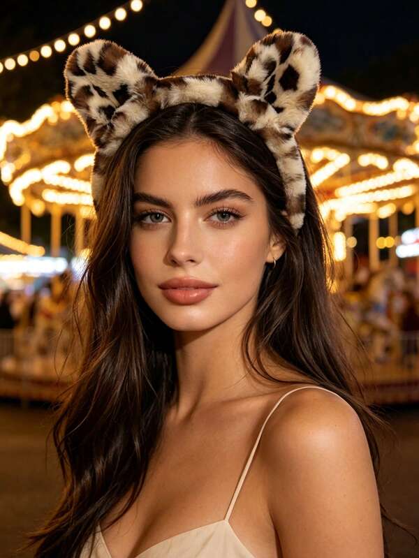 1pc Women Cute Leopard Print Plush Cat Ear Headband, Faux Fur Animal Ears Hair Hoop, Cosplay Party Amusement Park Hair Accessories