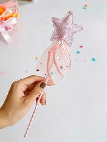 3/5Pcs Glitter Star Fairy Magic Wand With Tulle Sequin Streamers, Pastel Color Ribbon Princess Cosplay Prop, Handheld Twisted Rod Fairy Stick For Birthday Party, Halloween Dress Up, Photo Booth Decorations - A - View 2