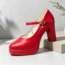 Geeyea Vintage High-Heel Mary Jane Shoes For Women,Round-Toe Block-Heel Slip-On Shoes With An Ankle Strap Buckle,Shoes For Women Heels - 紅色 - 查看 5