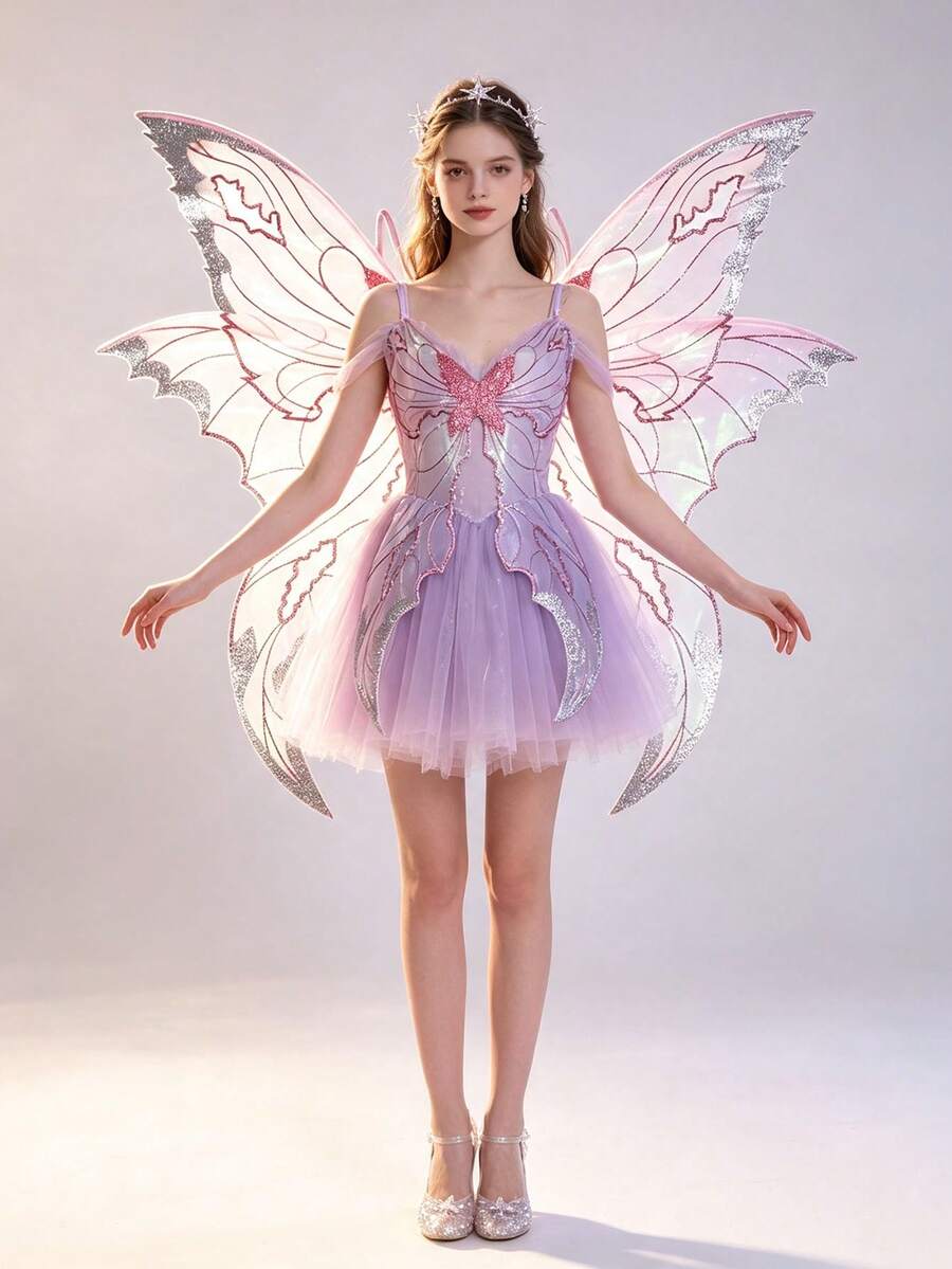 Perlengkapan Sayap Peri Berwarna-warni, Perlengkapan Sayap Kostum Kelompok Halloween, Perlengkapan Kostum Halloween Keluarga, Perlengkapan Cosplay Pesta Putri Peri Elf - MultiWarna - View 1
