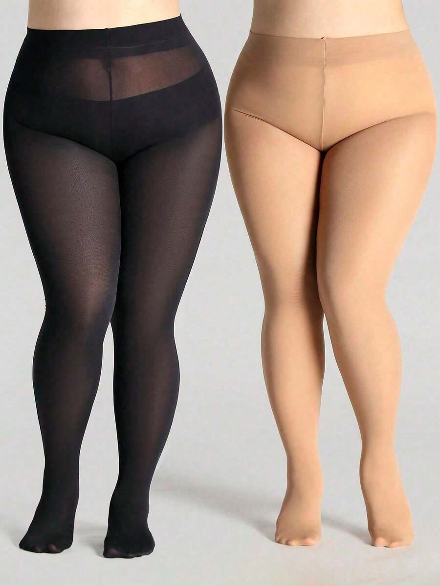 2 Pairs Plus Size Women's Classic Opaque Pantyhose, Elastic Solid Color Tights, Cozy - Multicolor - View 1