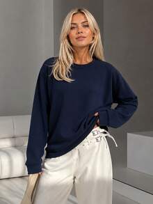 Women's Navy Blue Loose Crew Neck Sweatshirt, Solid Color Long Sleeve Comfortable Pullover, Autumn Women's Clothing, Winter Women's Clothing - Navy Blue - View 4