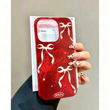 Casing Ponsel Anti Jatuh Motif Gletser Latar Belakang Merah dengan Pita Putih dan Motif Gletser untuk Musim Gugur/Dingin, Kompatibel dengan Apple 16/15 Pro Max/14/13/12 - MultiWarna - View 2