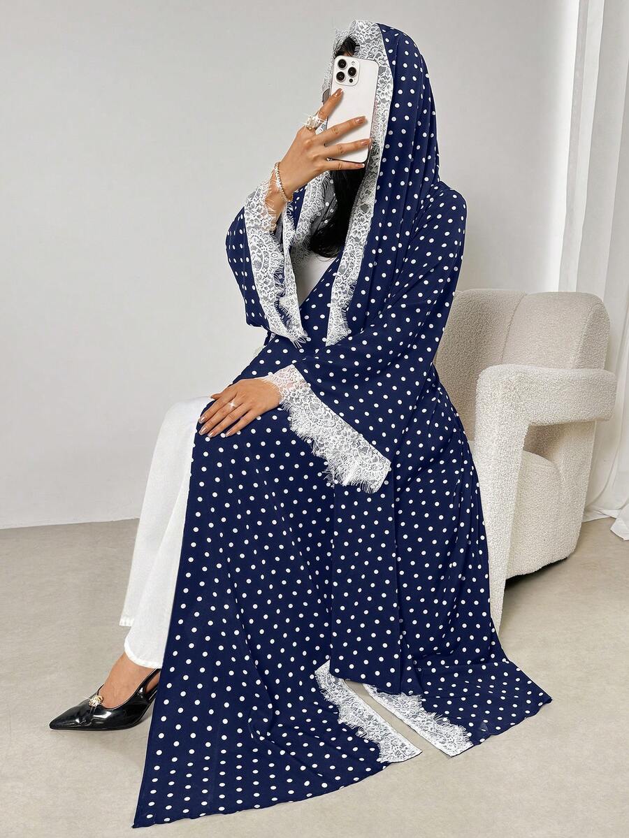 Women's Polka Dot Print Lace Patchwork Hooded Long Sleeve Abaya Spring Fall - Navy Blue - View 1