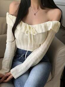 Sweater Lengan Panjang Wanita Kasual Warna Polos Model Off Shoulder - Aprikot - View 4
