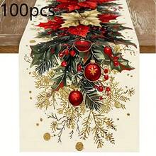 1 Set Of Linen Table Runner, Holly And Red Gold Christmas Decoration Ball Pattern. Durable Indoor And Outdoor Holiday Table Flags, Suitable For Kitchen, Restaurant, And Christmas Party Decoration, Holiday Themes, And Home Decor. - Multicolor - View 12