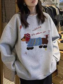 Women's Casual Loose Fit Sweatshirt With Dachshund & Letter Print, Versatile For Autumn/Winter - Grey - View 5