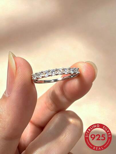 1 pieza Anillo de barra minimalista de mujer de plata de ley S925 con circonita sintética incrustada, joyería elegante de calidad para uso diario
