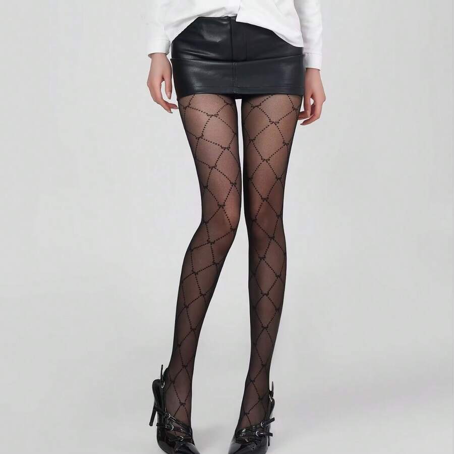 5D Plus Size Autumn Black Tights With Diamond Cross Bow Jacquard Pattern
