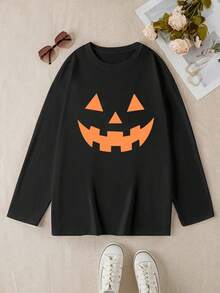 Plus Size Women's Halloween Pajamas, Pumpkin Smile Print Long Sleeve Top, Suitable For Sleeping, Sports, Home Wear, Autumn/Winter - Black - View 4