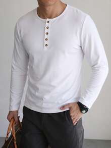 Men's Spring/Autumn Button-Up Slim Fit Henley Collar Long Sleeve T-Shirt - White - View 2