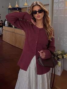 Autumn Women Round Neck Knit Cardigan Long Sleeve Button Front Split Hem Burgundy Slim Casual Festival Outfit - Red - View 7