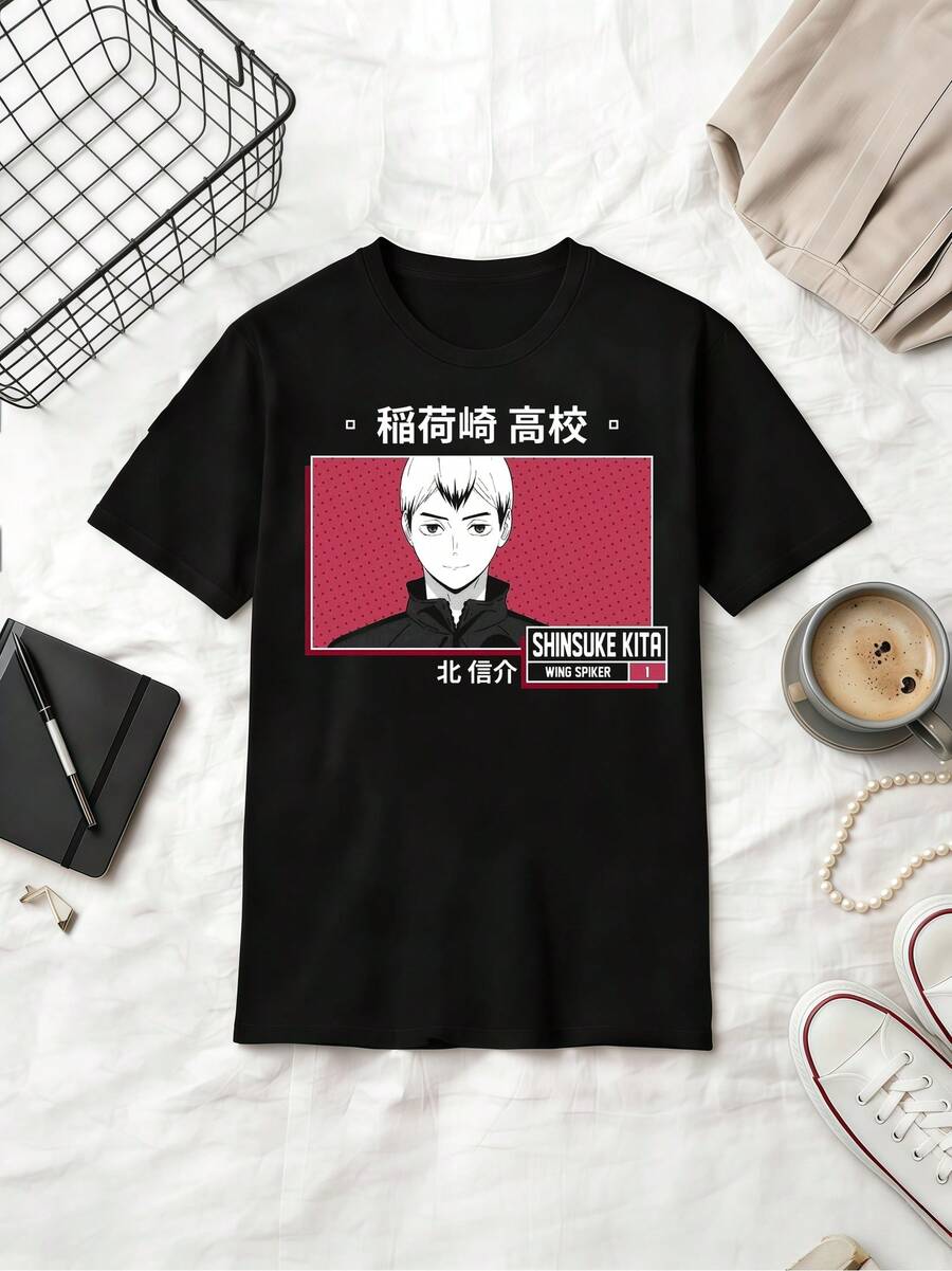 Women Retro Y2K Haikyuus Shinsuke Kita Inarizaki High Anime Character Card Printed Short Sleeve Black Cotton T-Shirt Summer Fan Apparel Regular Fit Te - Black - View 1
