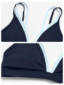 MFVIM Women's Seamless Triangle Cup Wireless Bra + Leggings + Jacket 3-Piece Fitness Set - dark blue - View 10