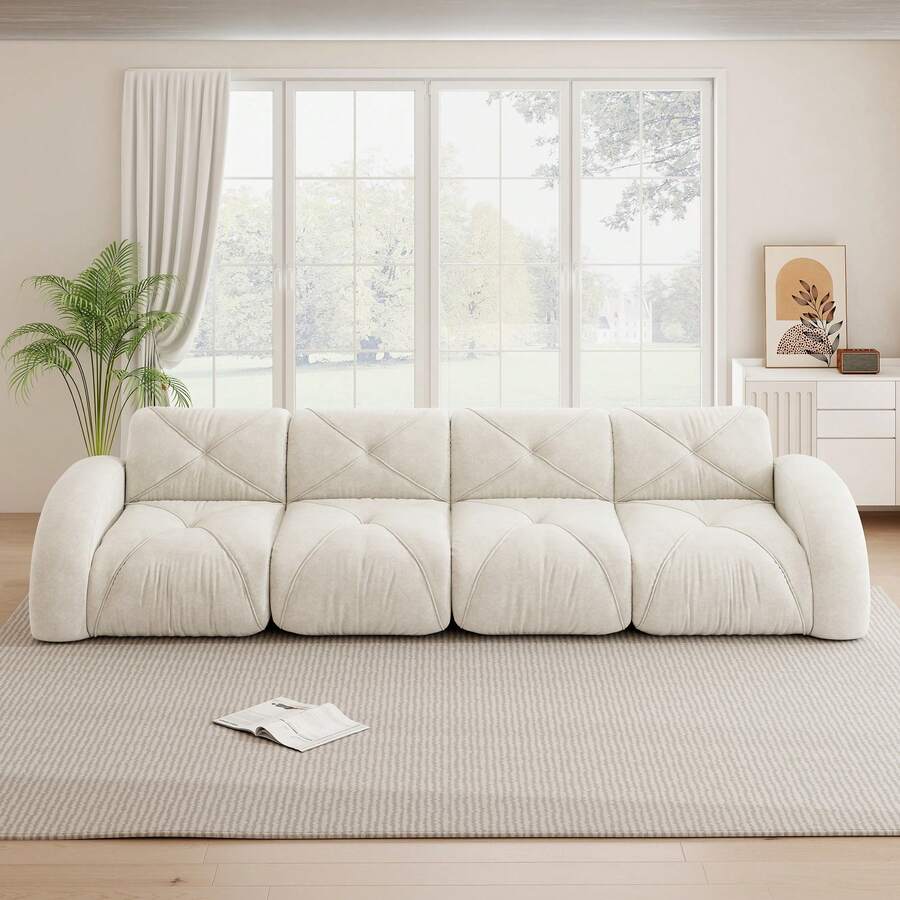 Sofa Beige Made Of Chenille For Living Room And Lounge - 米色四座 - 查看 1