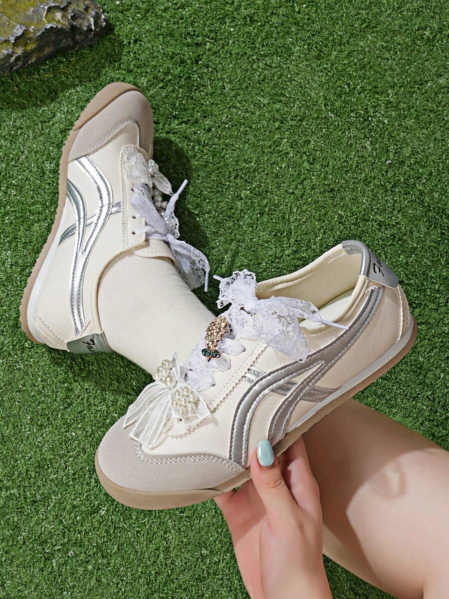 Lace Shoelaces Ballet Style Cute Pearl Bow Women's Accessories Casual Sports Shoes, Versatile Round Toe Lace-Up Colorblock Flat Shoes - Silver - View 1