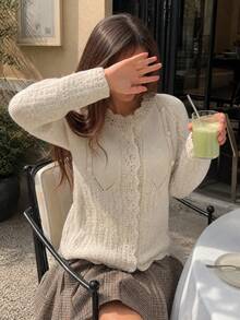 Women's Lace Trim Button Knit Cardigan, Comfortable Cable Knit Sweater, Suitable For Autumn/Winter, Thanksgiving, Halloween, Christmas - White - View 7
