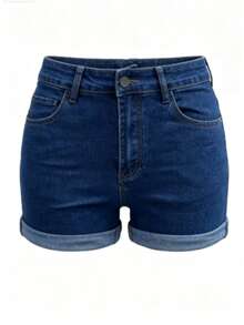 Women's Fashionable Casual Slim Fit Straight Leg Denim Shorts, Summer - Dark Wash - View 7